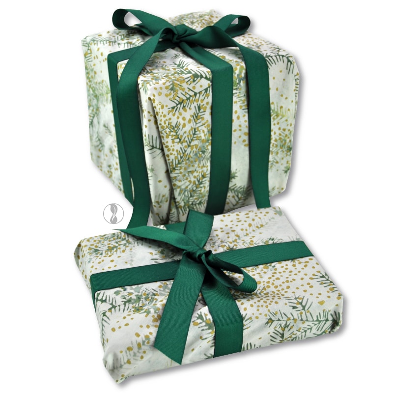 Christmas Boughs Fabric Wrapping with Green Ribbon