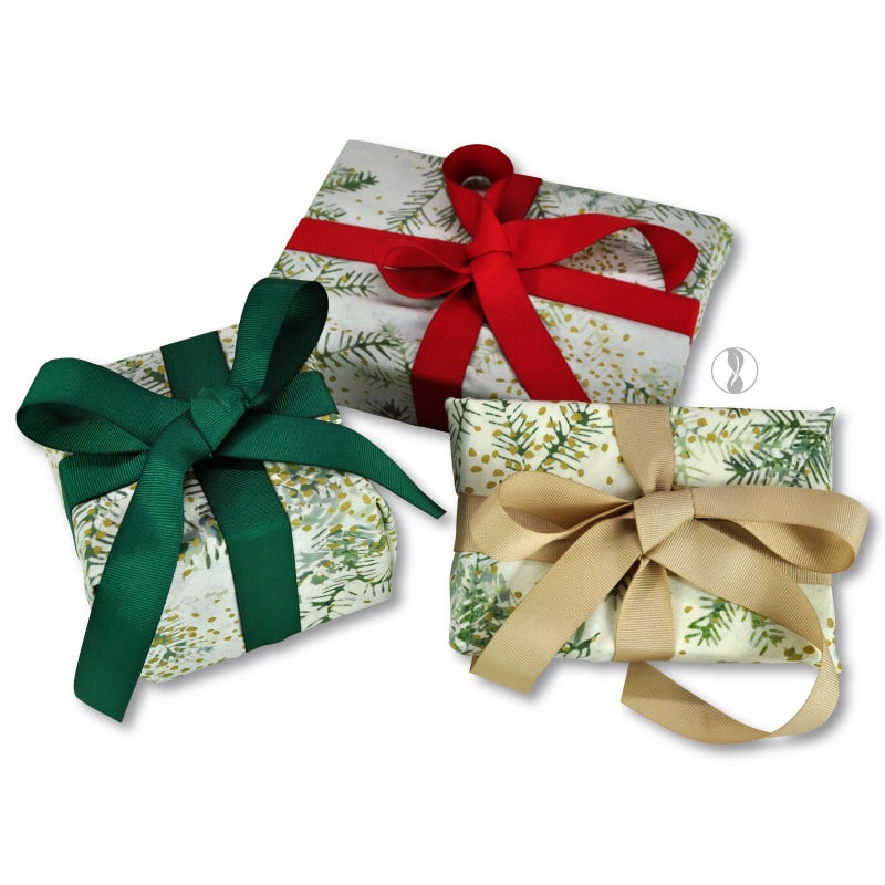 Christmas Boughs Fabric Wrapping with Green Ribbon